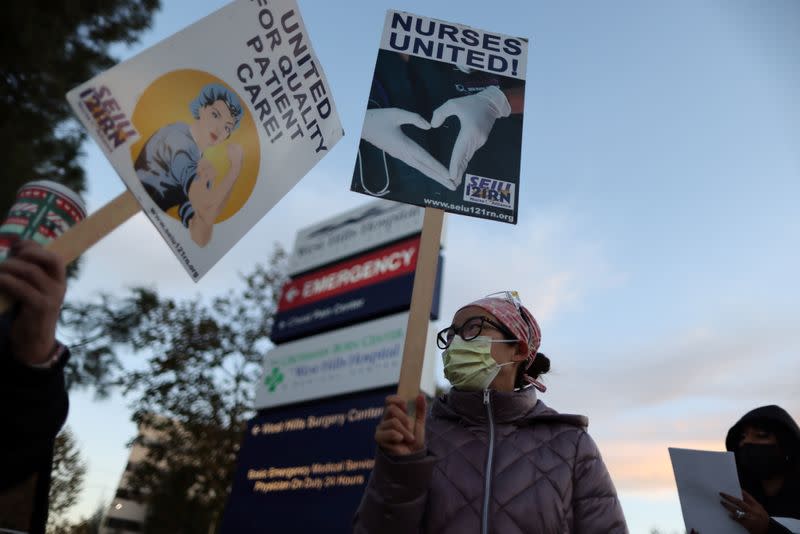 People attend a protest for nurses demanding more PPE, coronavirus testing, and staff, as the outbreak of the coronavirus disease (COVID-19) continues, in West Hills, Los Angeles