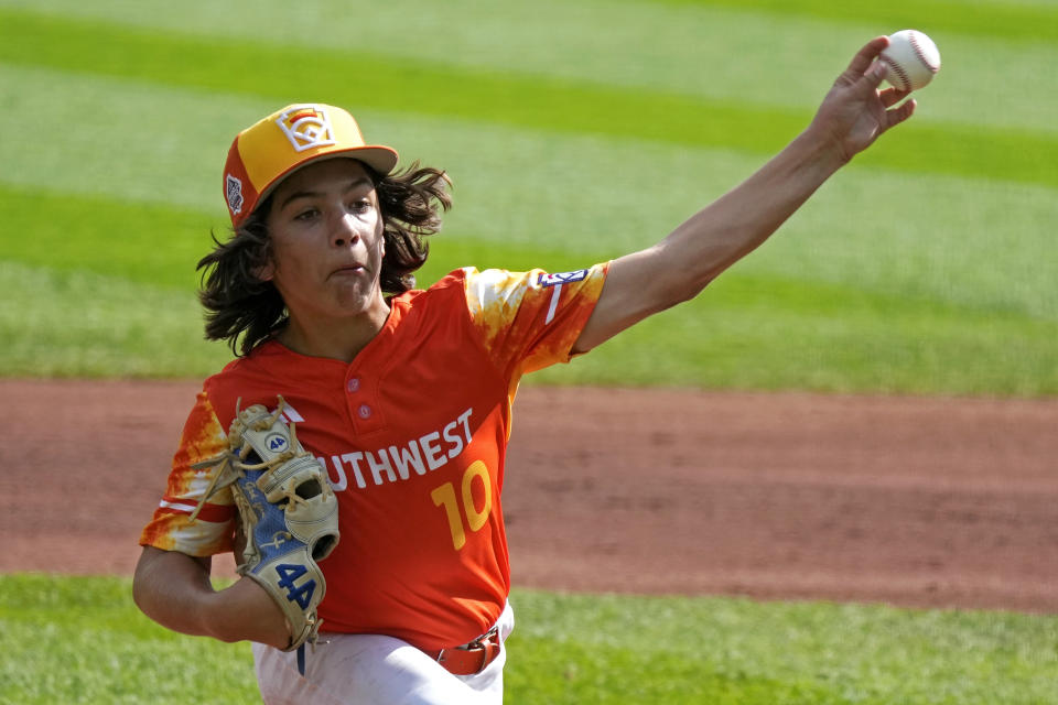 Needville, Texas' DJ Jablonski delivers during the first inning of the United States Championship baseball game against El Segundo, Calif. at the Little League World Series tournament in South Williamsport, Pa., Saturday, Aug. 26, 2023. (AP Photo/Gene J. Puskar)