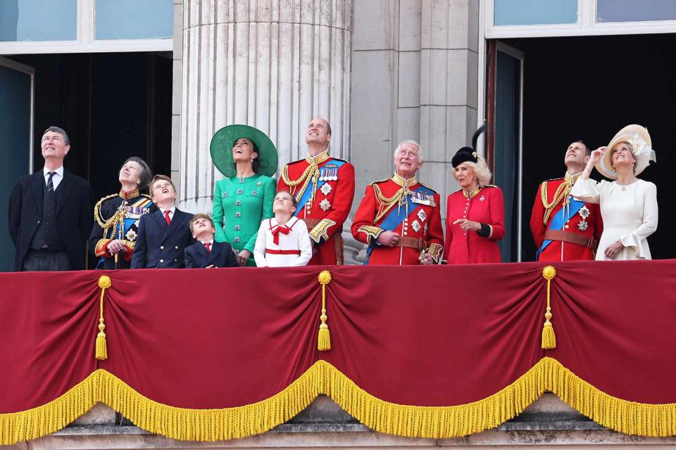 <p>Neil Mockford/Getty</p> Members of the royal family on the balcony of Buckingham Palace during Trooping the Colour in June.