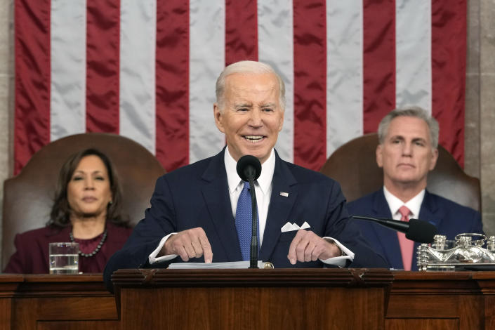 President Joe Biden delivers the State of the Union address to a joint session of Congress at the U.S. Capitol, Tuesday, Feb. 7, 2023, in Washington, as Vice President Kamala Harris and House Speaker Kevin McCarthy of Calif., watch. (Jacquelyn Martin, Pool)