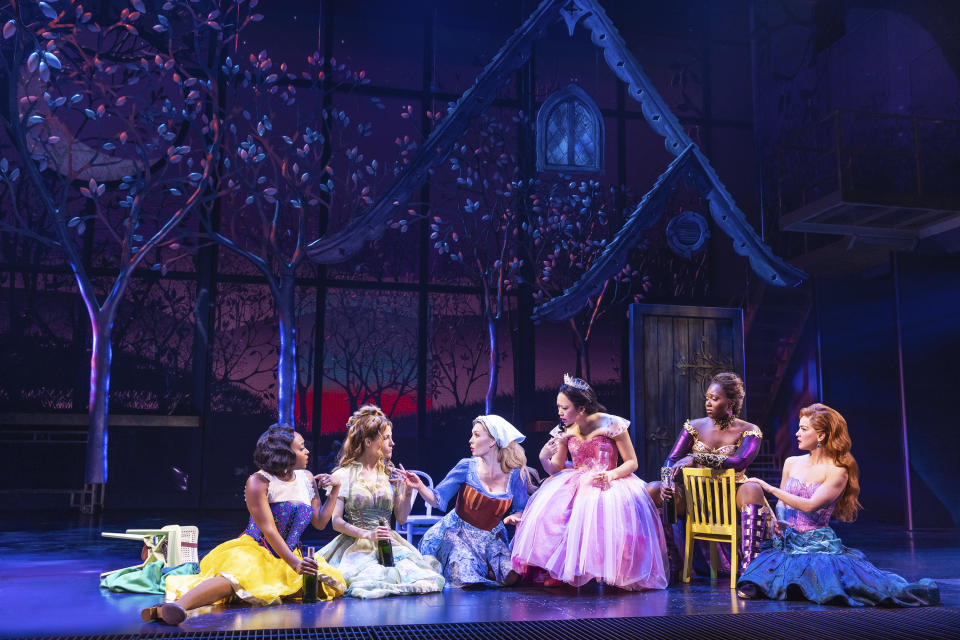 This image released by Vivacity Media Group shows, from left, Aisha Jackson, Morgan Whitley, Briga Heelan, Ashley Chiu, Gabrielle Beckford and Lauren Zakrin during a performance of the musical "Once Upon a One More Time." (Matthew Murphy/Vivacity Media Group via AP)