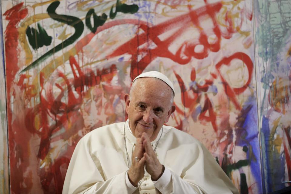 Pope Francis gestures as he attends a meeting with members of the Scholas Occurrentes initiative, in Palazzo San Calisto in Rome on October 26, 2017. (Photo: ANDREW MEDICHINI via Getty Images)