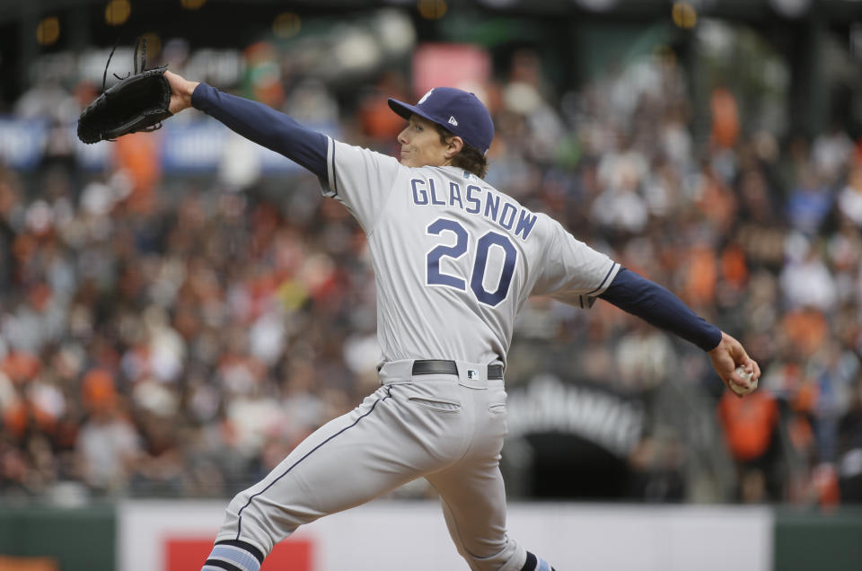 Tampa Bay Rays starting pitcher Tyler Glasnow works in the first inning of a baseball game against the San Francisco Giants, Friday, April 5, 2019, in San Francisco. (AP Photo/Eric Risberg)