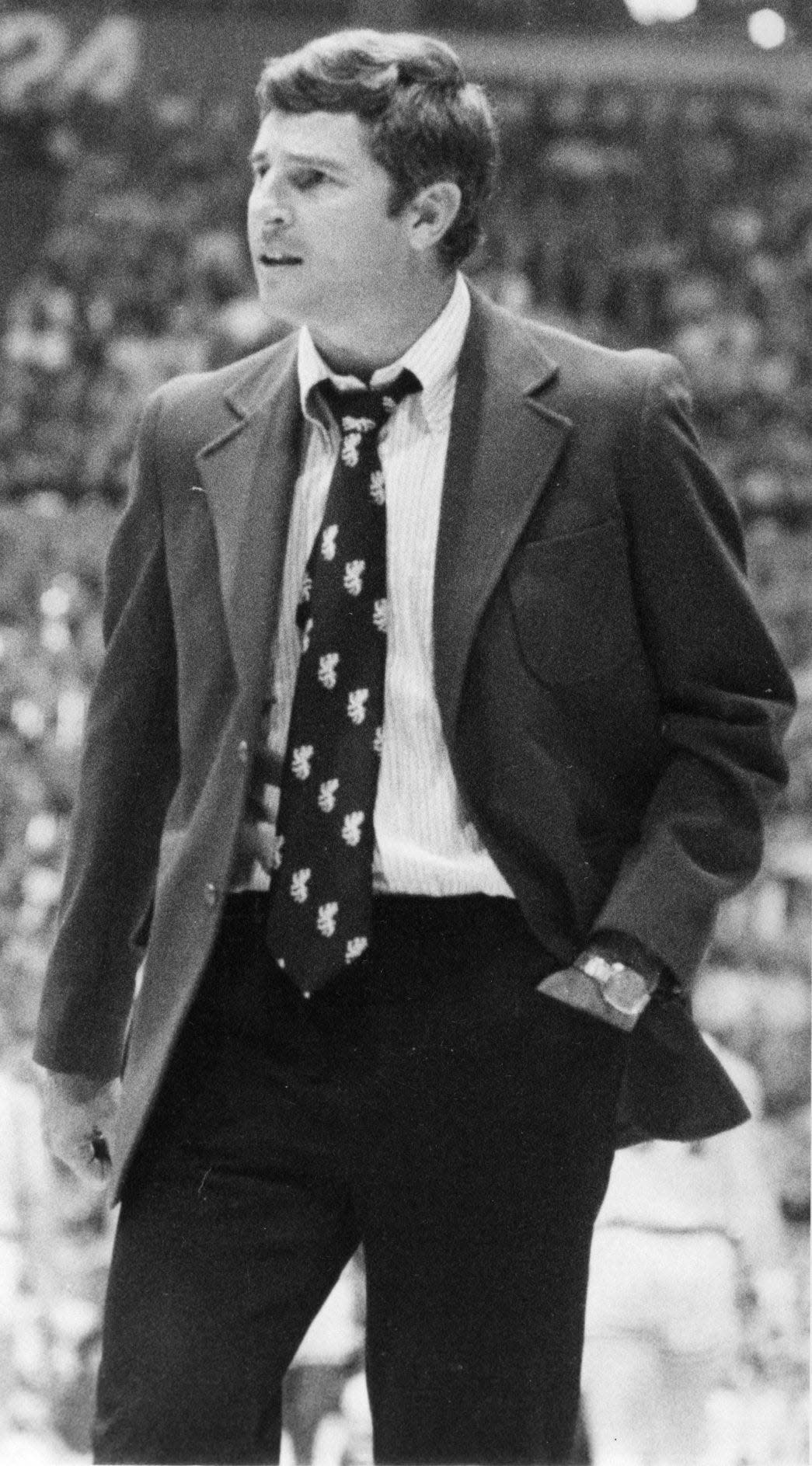 Bob Knight paces the sidelines during the 1975-76 season.