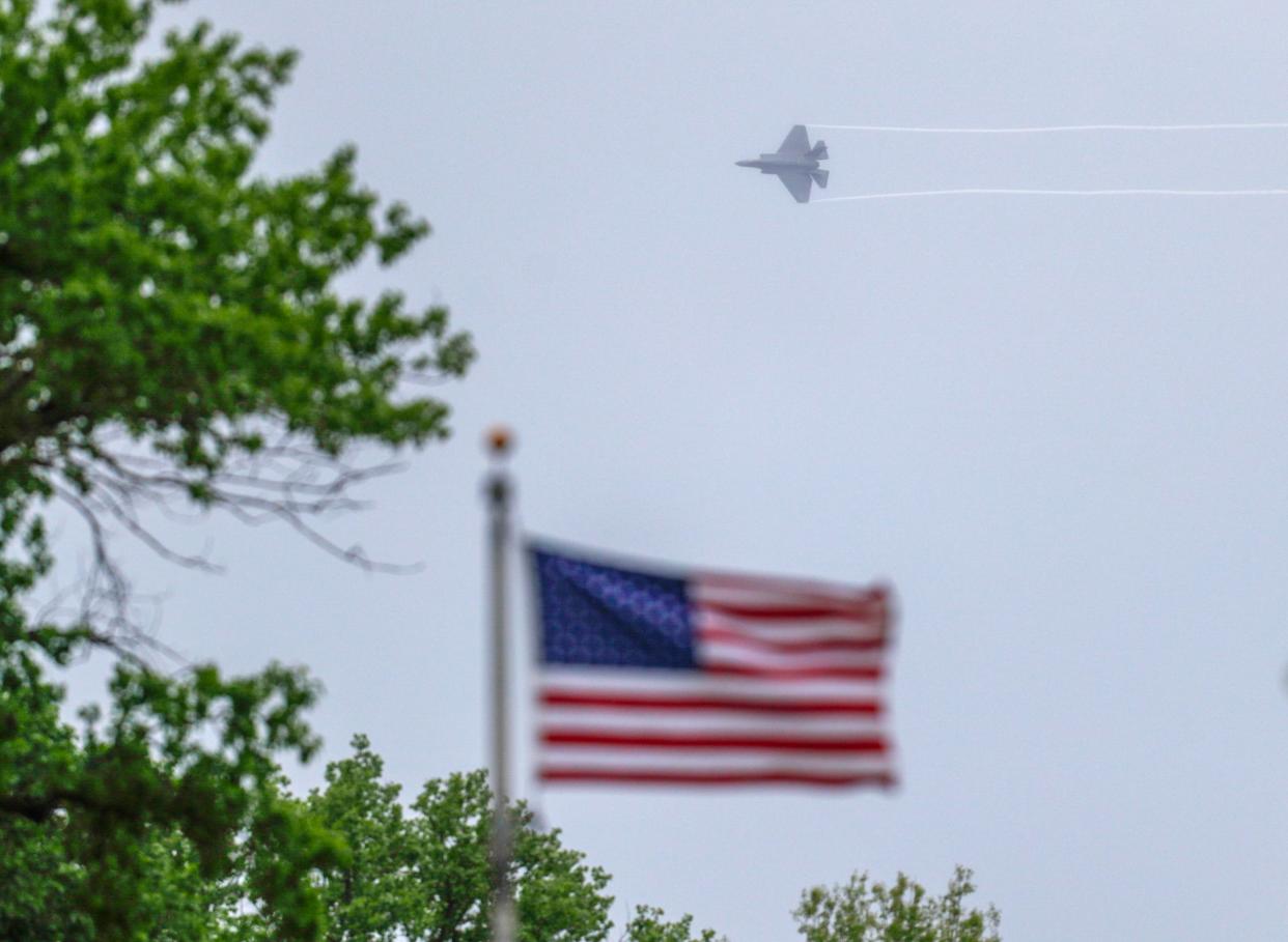 An F-35 Flies over Southern Indiana Friday, April 21, 2023, during practice for Thunder Over Louisville Air Show.