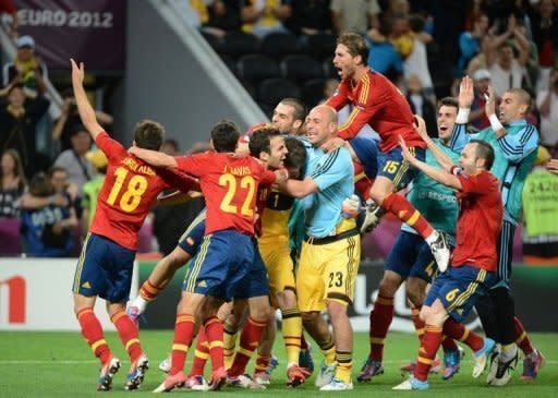 Spain's players celebrate at the end of their penalty shootout victory over Portugal in the Euro 2012 semi-final at the Donbass Arena in Donetsk, on June 27. Spain won 4-2 on penalties after the game finished 0-0 after extra-time