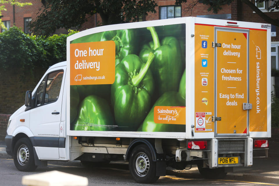 LONDON, UNITED KINGDOM - 2020/06/24: A Sainsbury's delivery van used for delivering groceries purchased online from Sainsbury's supermarket. (Photo by Steve Taylor/SOPA Images/LightRocket via Getty Images)