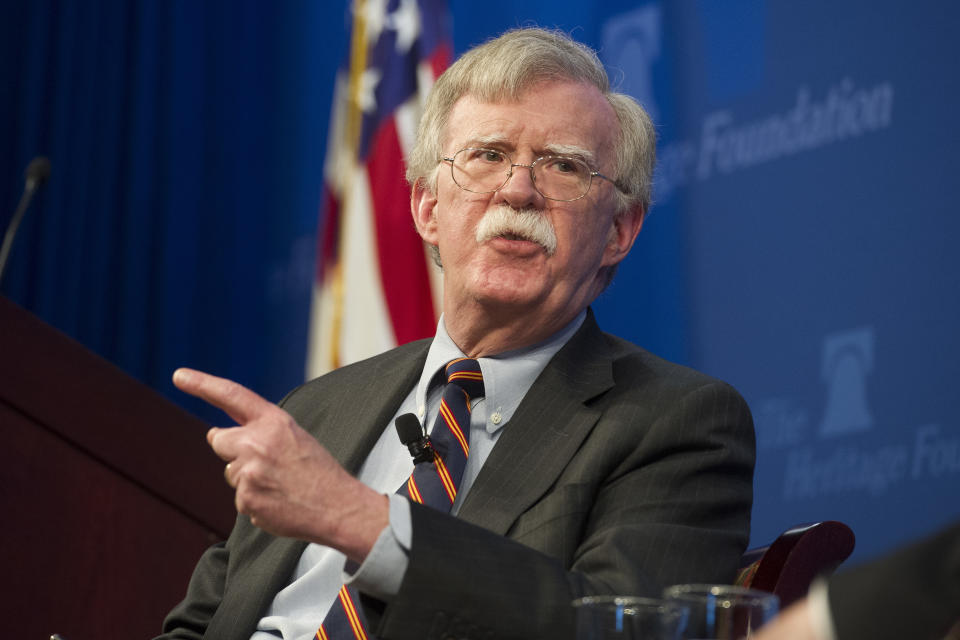 National Security Advisor John Bolton unveils the Trump Administration's Africa Strategy at the Heritage Foundation in Washington, Thursday, Dec. 13, 2018. (AP Photo/Cliff Owen)