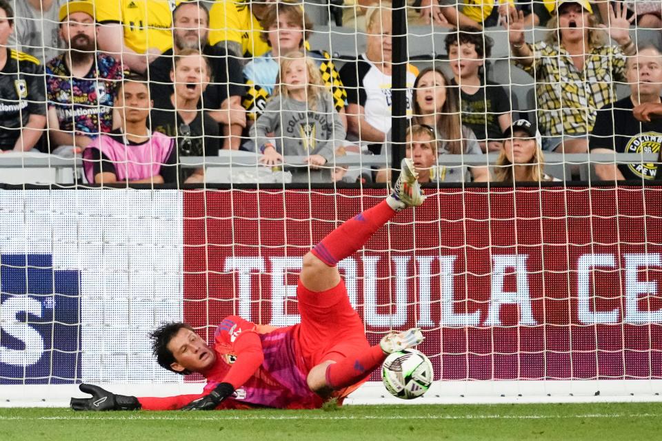 Aug 9, 2024; Columbus, OH, USA; Columbus Crew goalkeeper Nicholas Hagen (1) makes a save during the first half of the Leagues Cup soccer match against Sporting Kansas City at Lower.com Field.