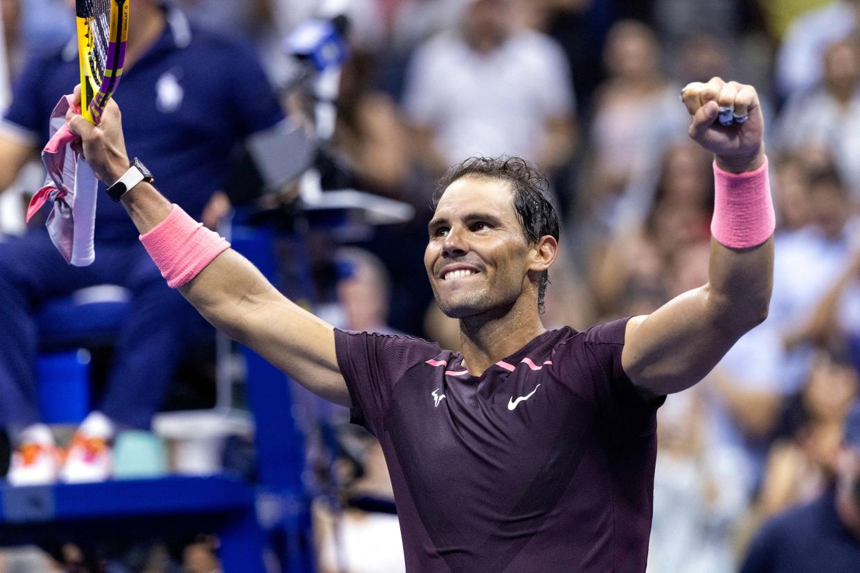 Spain's Rafael Nadal celebrates his win over Australia's Rinky Hijikata during their 2022 U.S. Open Tennis tournament men's singles first round match at the USTA Billie Jean King National Tennis Center in New York on Aug. 30, 2022.