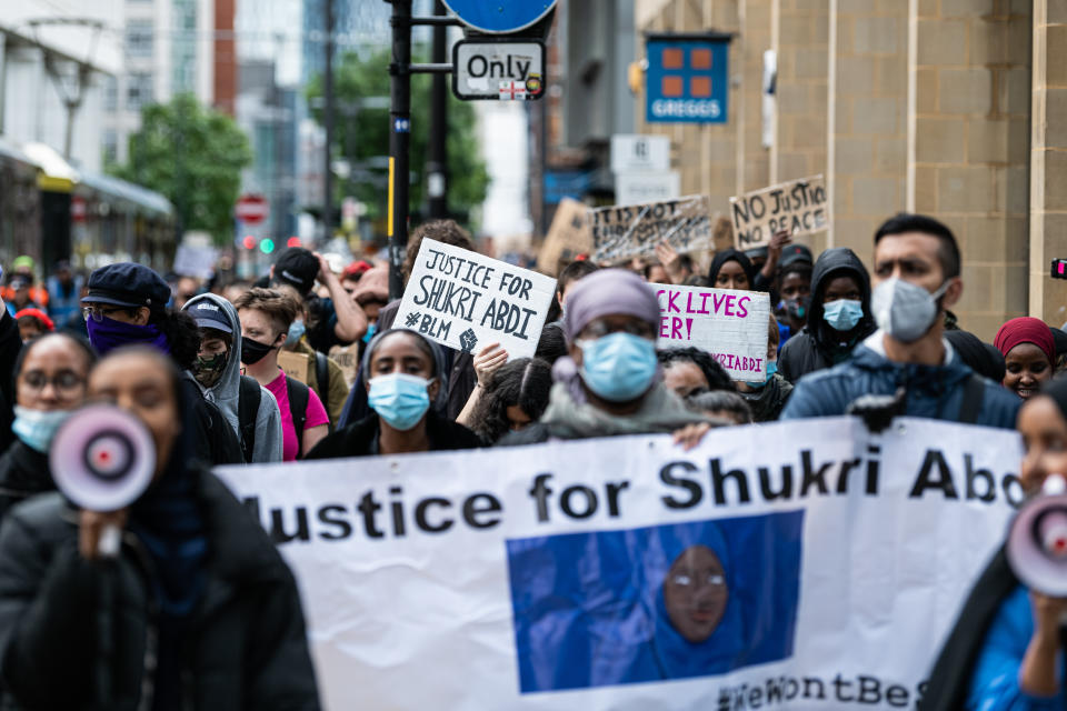  Protesters marching with a banner saying, Justice for Shukri Abdi, during the demonstration.
Protesters came together to mark the first anniversary of the death of 12 yr. old, Shukri Abdi amid reports of bullying and police failings. It's been 12 months since the young girl's body was found in the river Irwell, Manchester and her family, who came to Greater Manchester from Somalia are still awaiting the results of an inquest into her death. (Photo by Kenny Brown / SOPA Images/Sipa USA) 