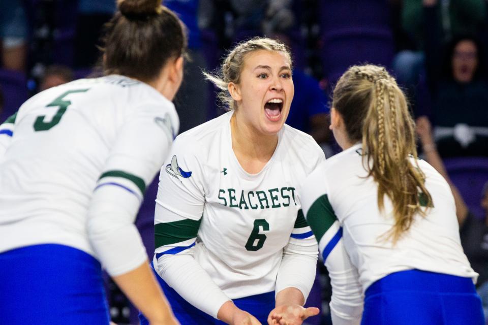 Seacrest Country Day School's Breanah Rives (6) celebrates after a play during the Class 2A State Championship volleyball match between Seacrest Country Day and Lake Worth Christian on Wednesday, Nov. 17, 2021 at the Suncoast Credit Union Arena in Fort Myers, Fla. 