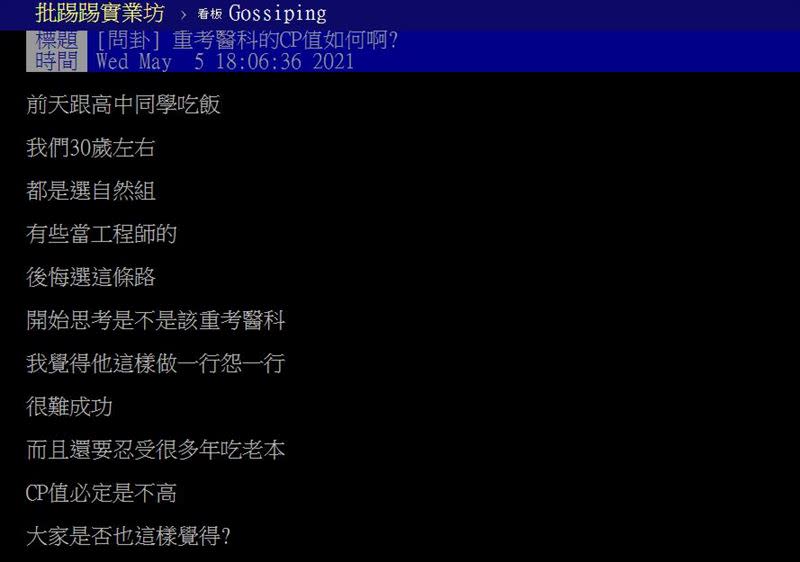原PO好奇「重考醫科的CP值如何？」（圖／翻攝自PTT）