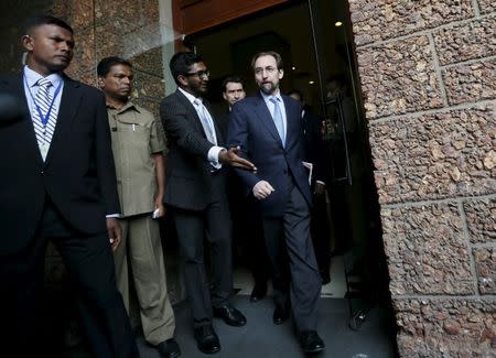 United Nations (U.N.) High Commissioner for Human Rights Zeid Raâ€™ad Al Hussein arrives to speak to the media before leaving his hotel to meet Sri Lankan politicians and diplomats in Colombo February 6, 2016. REUTERS/Dinuka Liyanawatte