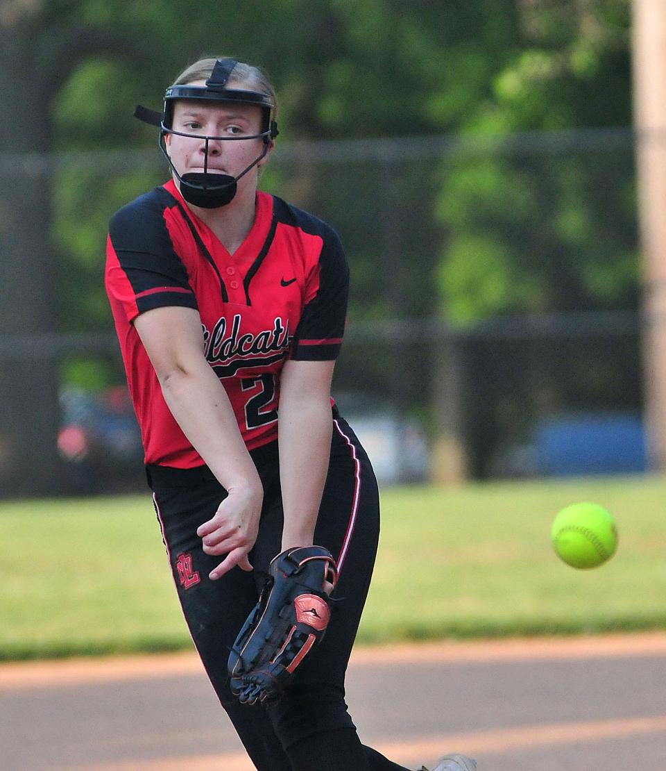 New London High School’s Emilee Rowland hurls a pitch for the Visitor team during the Ashland County Sports Hall of Fame All-Star softball game Wednesday, June 7, 2023 at Brookside Park. Hosfeld/For Times-Gazette.com