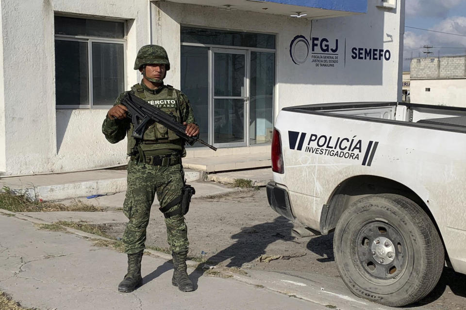 A Mexican army soldier guards the Tamaulipas State Prosecutor's headquarters in Matamoros, Mexico, Wednesday, March 8, 2023. / Credit: STR / AP