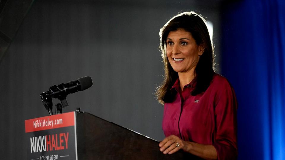 PHOTO: Republican presidential candidate former UN Ambassador Nikki Haley speaks at a caucus night party at the Marriott Hotel in West Des Moines, Iowa, Jan. 15, 2024. (Carolyn Kaster/AP)