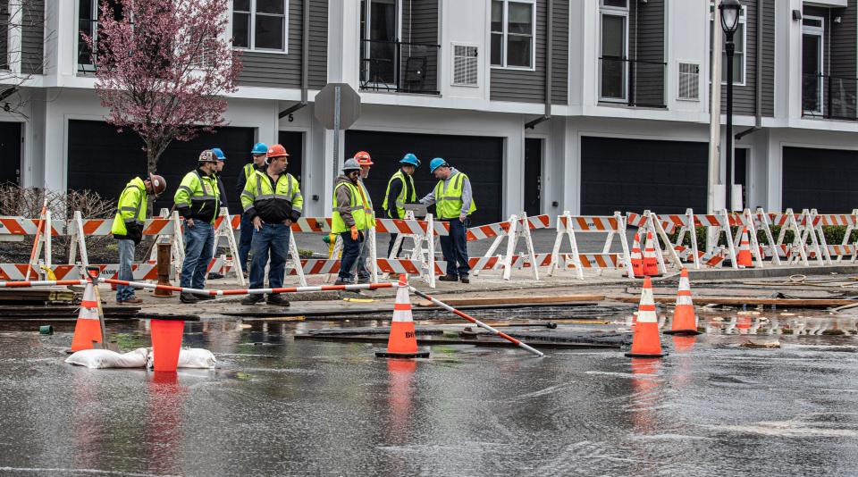 Workers at the scene of a water main break at the intersection Fisher Ave. and Bank Street in White Plains March 27, 2024 The water main break caused street closures in the area and water outages in parts of the city.