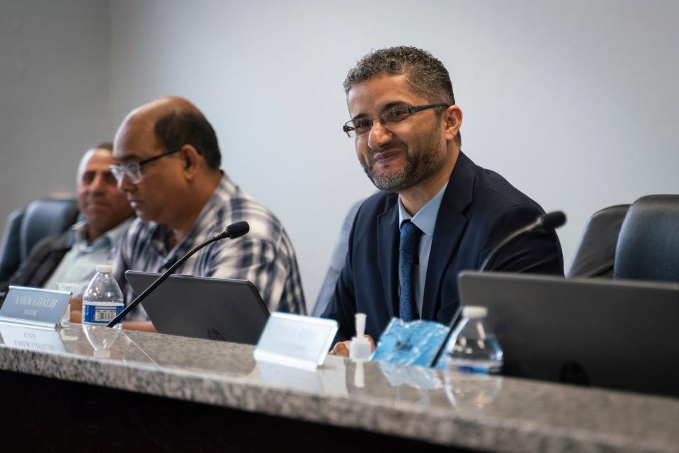 Mayor of Hamtramck Amer Ghalib speaks at the start of a city council meeting about banning the LGBTQ+ Pride flag from government buildings and city property, along with other flags representing racial and political issues, at Hamtramck City Hall on Tuesday, June 13, 2023.