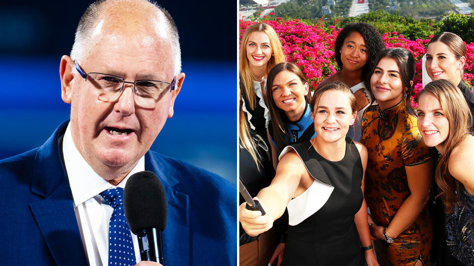 WTA boss Steve Simon, pictured here alongside Ash Barty and other tennis players at the WTA Finals in 2019.