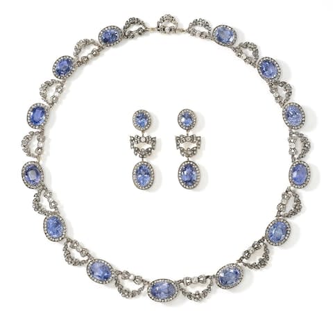 Vintage Faberge sapphire and diamond necklace and earrings