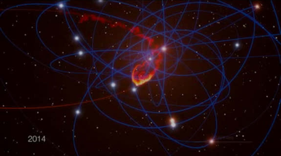 This still from a computer animation shows a simulation of a giant space cloud falling into Sagittarius A*, the supermassive black hole at the center of our own Milky Way galaxy, in mid-2013. Image added on July 2, 2012.