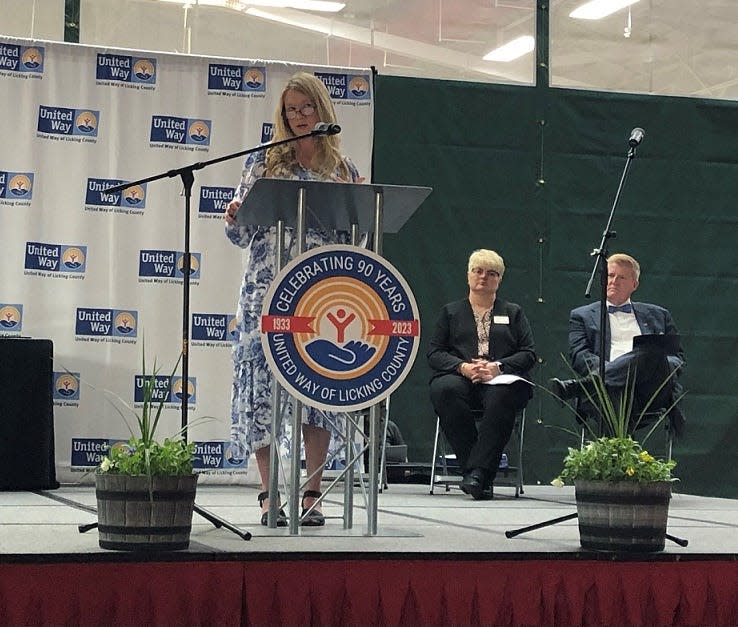 United Way of Licking County Executive Director Deb Dingus speaks about the organization celebrating its 90th anniversary during the nonprofit's annual meeting on May 4 at the Denison University Mitchell Recreation & Athletic Center.
