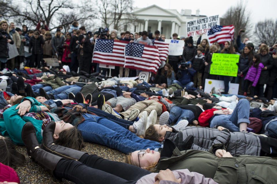 Demonstrators on the ground during a&nbsp;lie-in demonstration supporting gun control reform&nbsp;on Monday. (Photo: Zach Gibson/Getty Images)