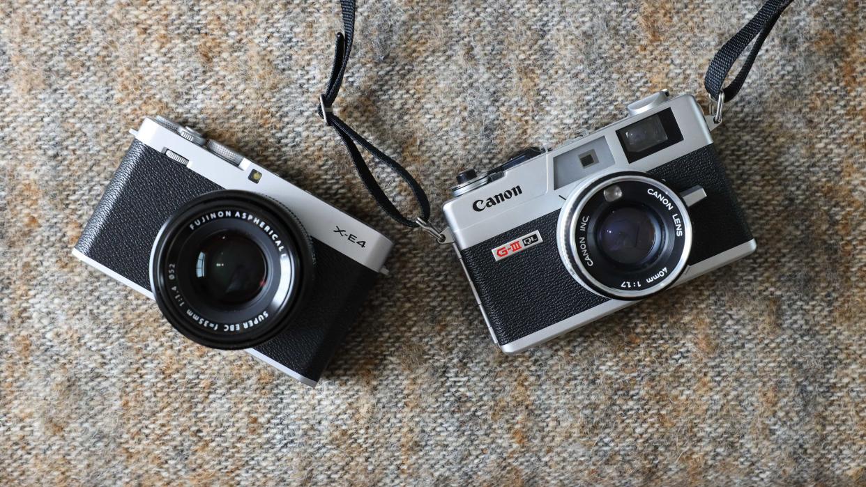  Canonet G-III QL17 camera next to a Fujifilm X-E4 camera. 