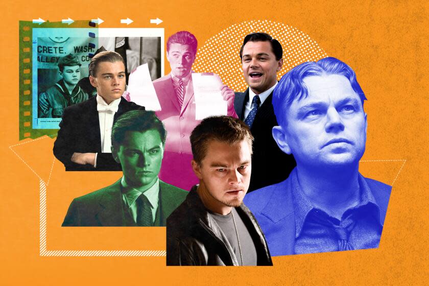 A photo collage of Leo DiCaprio from various movies over the years