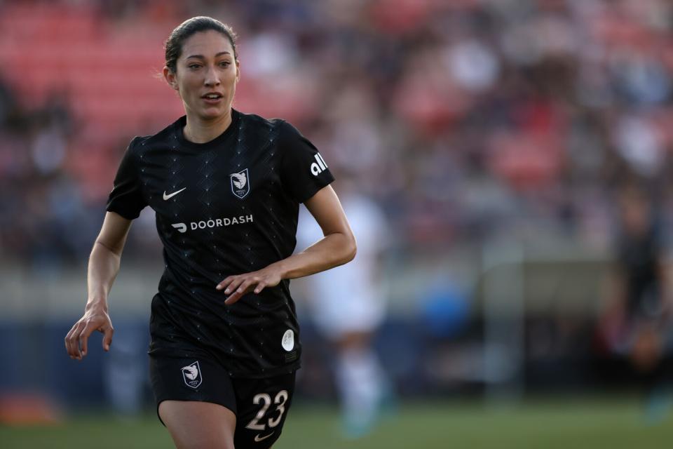 Angel City's Christen Press looks on during a game against the Portland Thorns