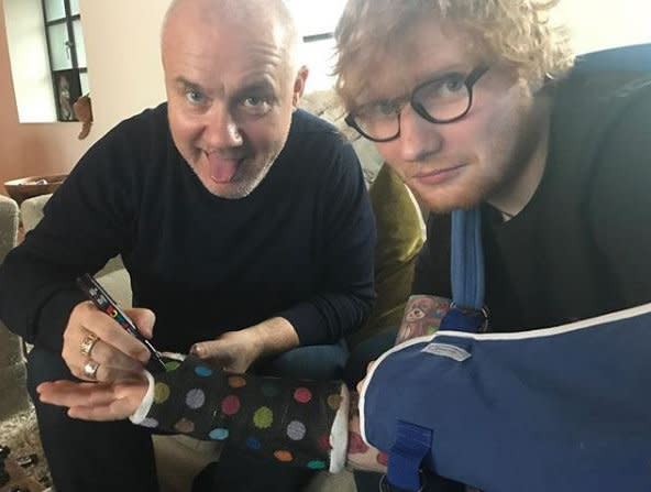 Ed Sheeran poses with artist Damien Hirst after fracturing his wrist: Ed Sheeran/Instagram