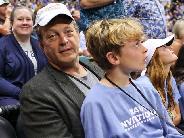 <p>Darryl Oumi/Getty</p> Vince Vaughn poses for a photo as his son Vernon Vaughn watches the first half of the game between Tennessee and Kansas in the Allstate Maui Invitational at SimpliFi Arena on November 22, 2023.