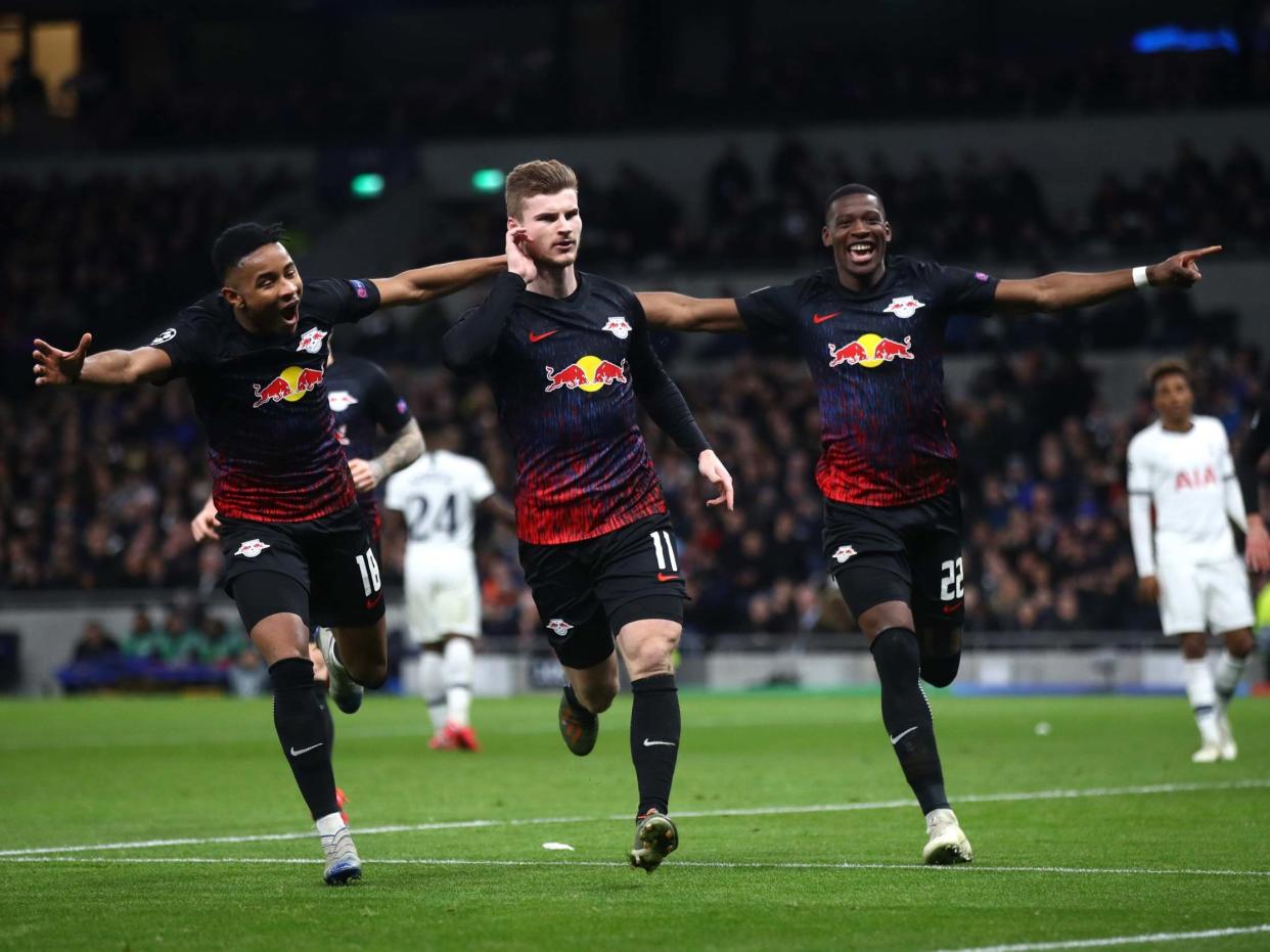 Timo Werner, centre, celebrates after scoring Leizpig's winner at Spurs: Getty