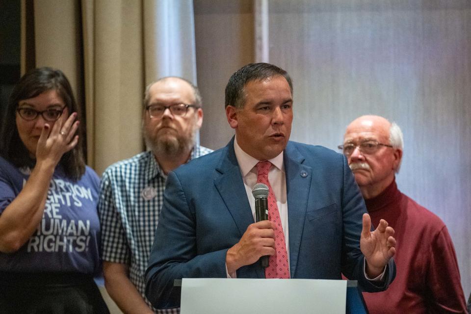 Nov 7, 2023; Columbus, Ohio, USA; 
Andrew J. Ginther thanks his supporters for reelecting him during the democratic watch party on Tuesday, Nov. 7, 2023 at the Junto Hotel.