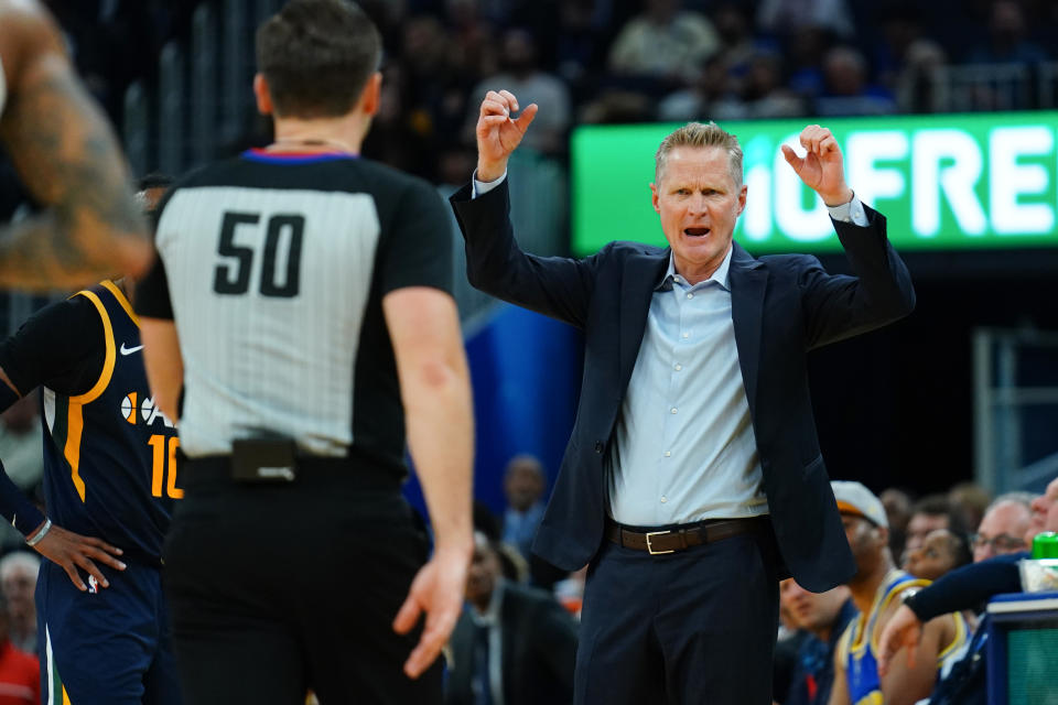 SAN FRANCISCO, CALIFORNIA - NOVEMBER 11: Golden State Warriors head coach Steve Kerr reacts to a play during the first half against the Utah Jazz at Chase Center on November 11, 2019 in San Francisco, California. NOTE TO USER: User expressly acknowledges and agrees that, by downloading and/or using this photograph, user is consenting to the terms and conditions of the Getty Images License Agreement. (Photo by Daniel Shirey/Getty Images)