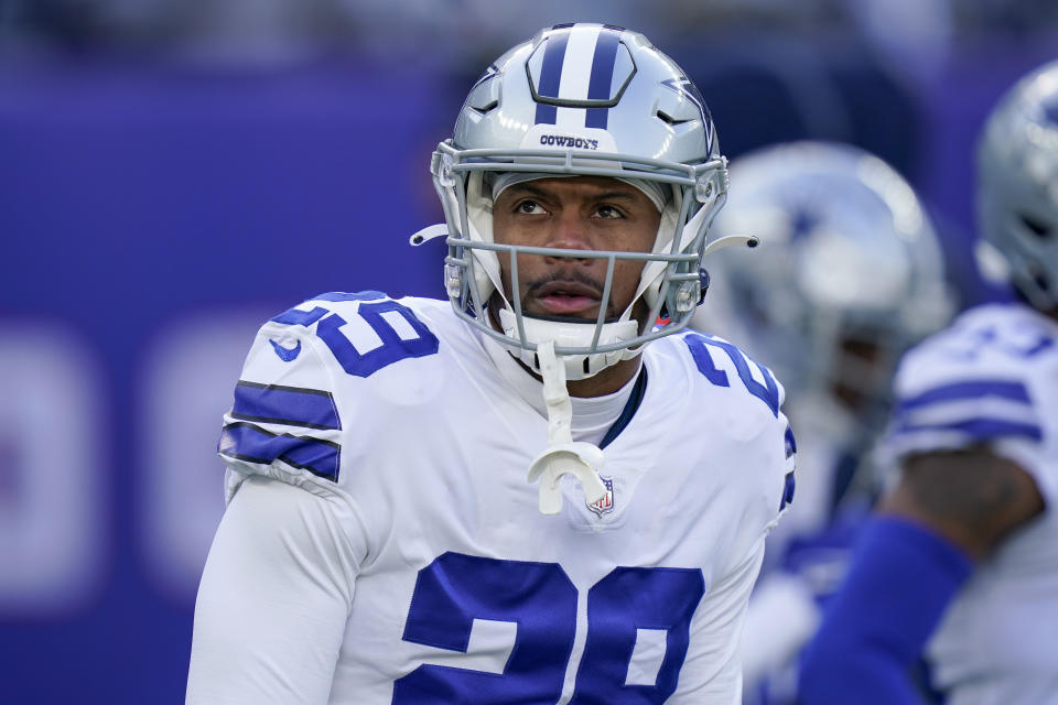 Dallas Cowboys defensive back C.J. Goodwin (29) warms up before playing against the New York Giants in an NFL football game, Sunday, Dec. 19, 2021, in East Rutherford, N.J. (AP Photo/Seth Wenig)