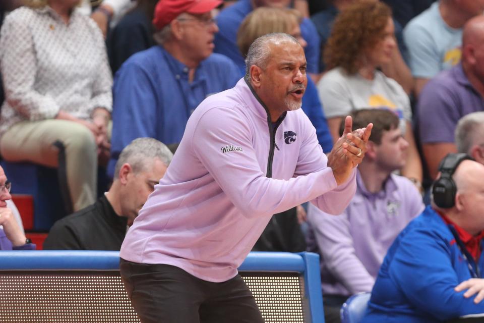 Kansas State coach Jerome Tang keeps the energy up to his players in the first half of the Sunflower Showdown inside Allen Fieldhouse Tuesday, March 5, 2024.