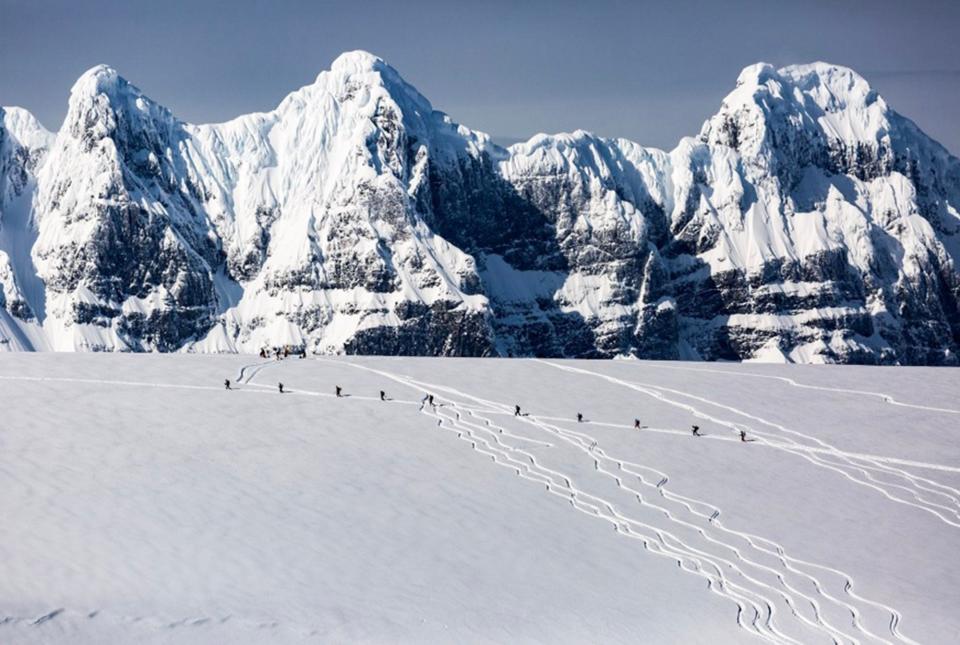 Skiers are seen in the distance during an Antarctica trip in October.