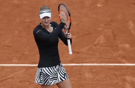 Tennis - French Open - Roland Garros - Francesca Schiavone of Italy vs France's Kristina Mladenov Paris, France - 24/05/16. Kristina Mladenov reacts at the end of her match. REUTERS/Gonzalo Fuentes