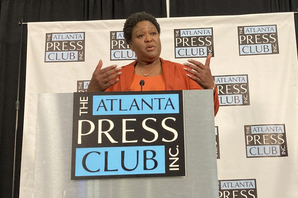 Atlanta City Council President Felicia Moore discusses her run for mayor following a debate hosted by the Atlanta Press Club on Tuesday, Oct. 12, 2021. (AP Photo/Jeff Amy)