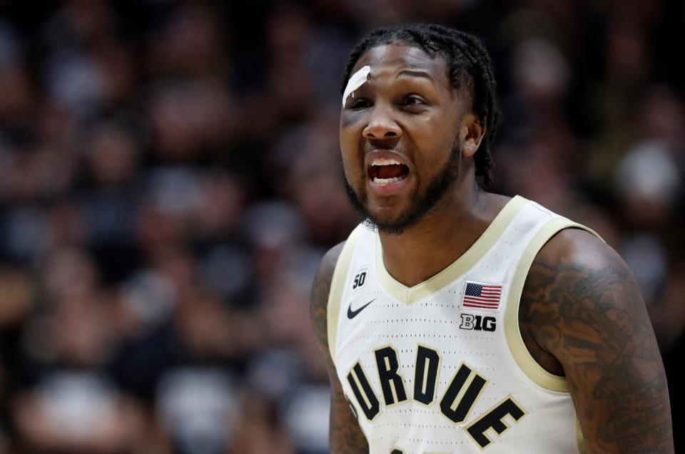 Purdue Boilermakers guard David Jenkins Jr. (14) yells down court during NCAA men’s basketball game against the Austin Peay Governors, Friday, Nov. 11, 2022, at Mackey Arena in West Lafayette, Ind. Purdue won 63-44.