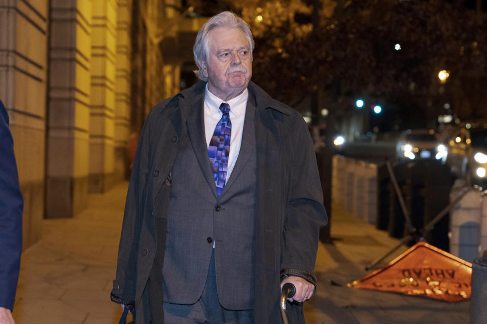 FILE - Thomas Caldwell departs the Federal Courthouse following a verdict in the Oath Keepers trial in Washington, Nov. 29, 2022. A Federal judge on Tuesday rejected a defense effort to throw out the jury’s guilty verdict against Caldwell, who was convicted in the Jan. 6, 2021, attack last November alongside Oath Keepers founder Stewart Rhodes. ( AP Photo/Jose Luis Magana, File)