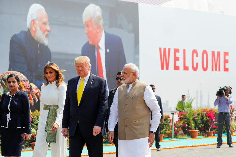U.S. President Donald Trump and first lady Melania Trump attend a welcoming ceremony with Indian Prime Minister Narendra Modi, as they arrive at Sardar Vallabhbhai Patel International Airport in Ahmedabad, India February 24, 2020. REUTERS/Al Drago