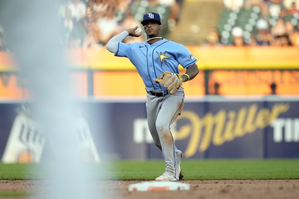 Tampa Bay Rays shortstop Wander Franco throws out Detroit Tigers' Spencer Torkelson at first during the fourth inning of a baseball game, Friday, Aug. 4, 2023, in Detroit. (AP Photo/Carlos Osorio)