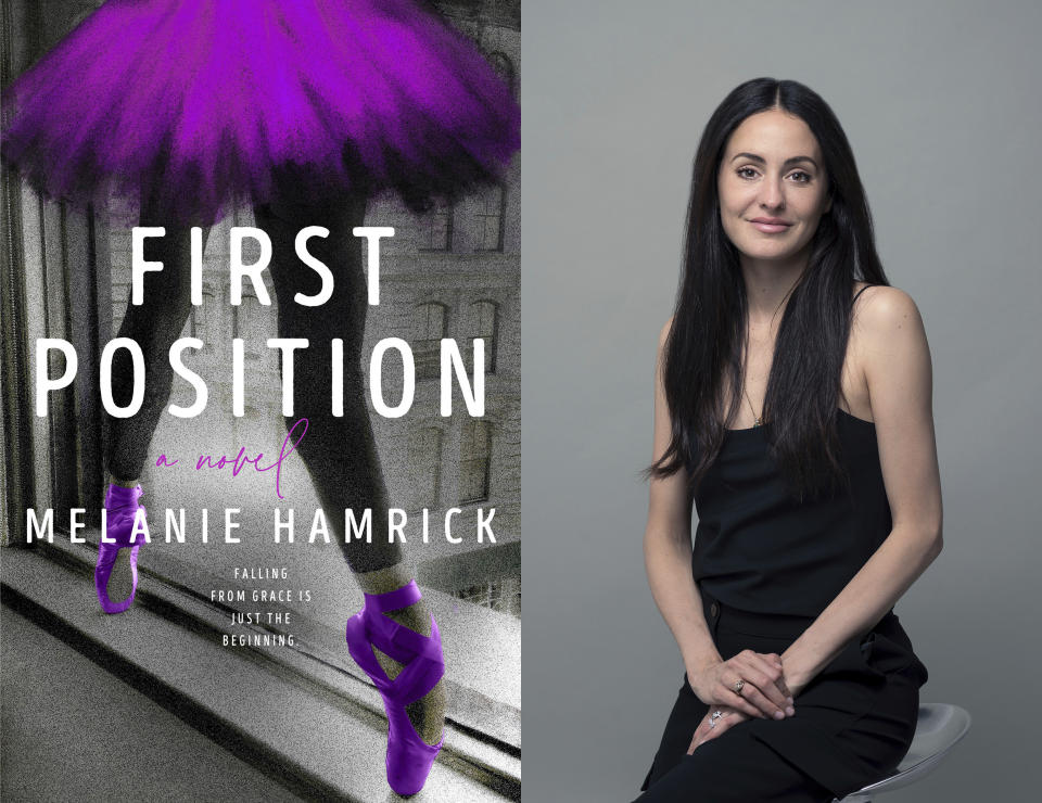 This combination of photos shows cover art for "First Position," a novel by Melanie Hamrick, left, and a portrait of Hamrick. (Berkley via AP, left, and AP Photo)