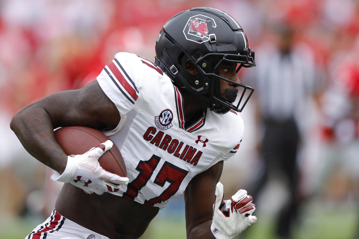 Xavier Legette will catch passes from Bryce Young as a Carolina Panther. (Todd Kirkland/Getty Images)