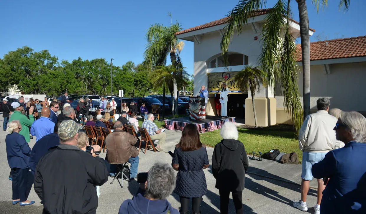 A group of 150 to 200 people attend a United for Transparency rally March 20 in Venice. Speakers promoted the use of ivermectin and hydroxychloroquine to treat COVID-19.