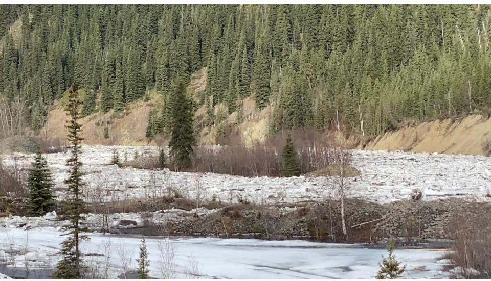 An ice jam between the Klondike Highway bridge and the Dredge Pond subdivision. 