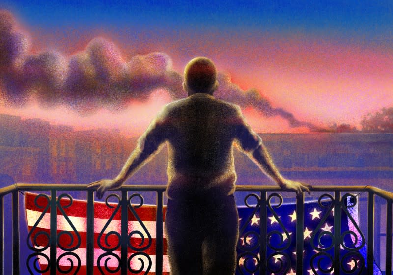 Illustration for op-ed la-oe-0911-hakakian-patriotism: A man stands on his balcony in Queens, where he has attached an American flag, staring into the horizon as smoke from the felling of the World Trade Center towers lingers across the city. (Credit: Matt Williams/For the Times)